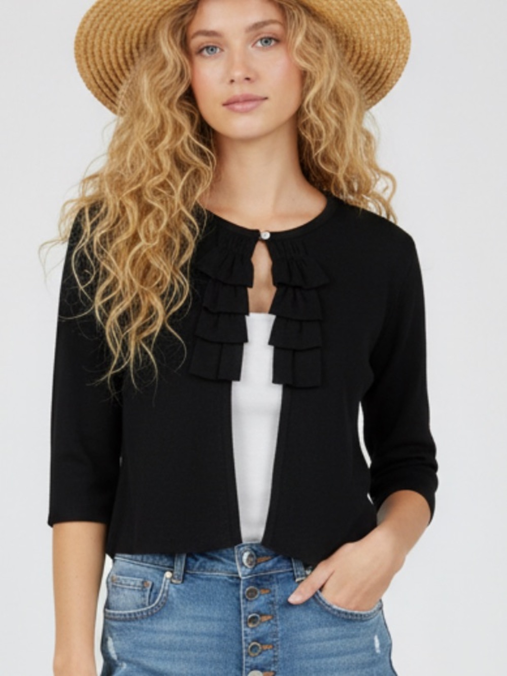 smitten Black Ruffle-Front Cropped Cardigan